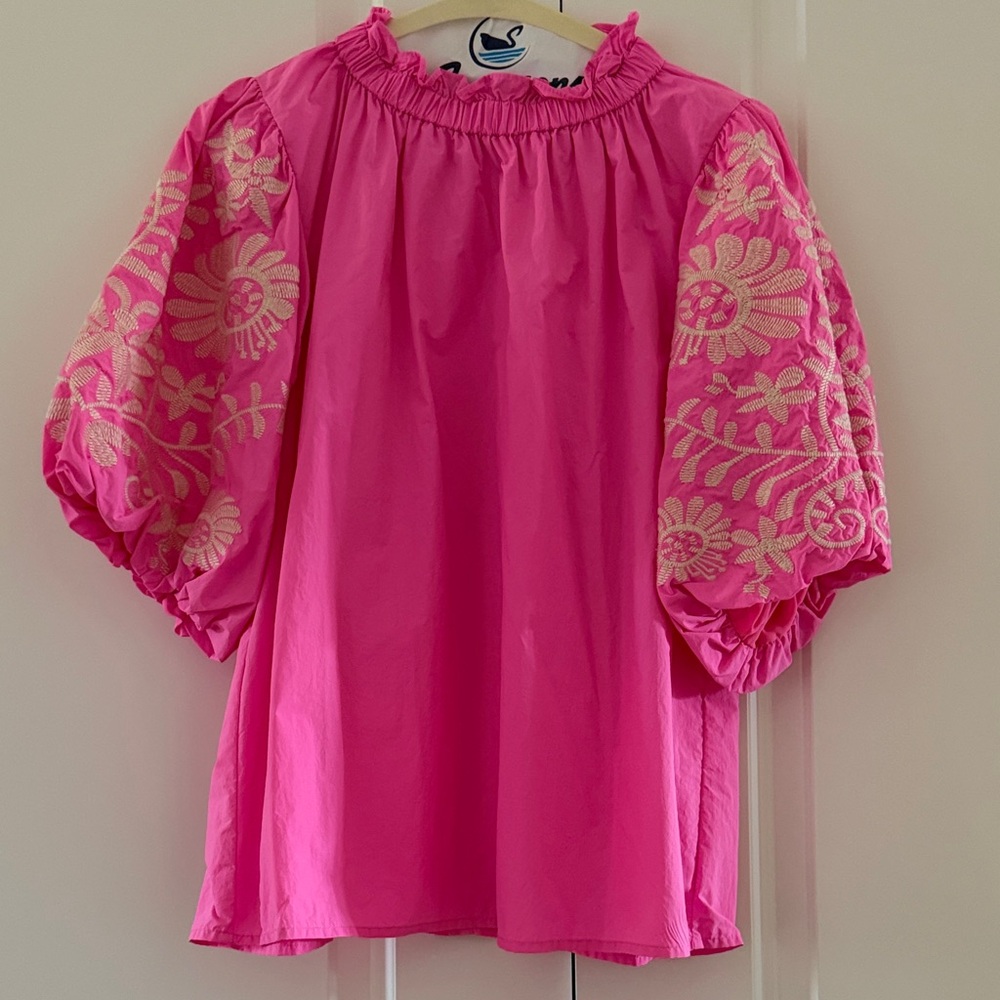 Hot Pink Embroidered Puff-Sleeve Blouse - Picture 2 of 10